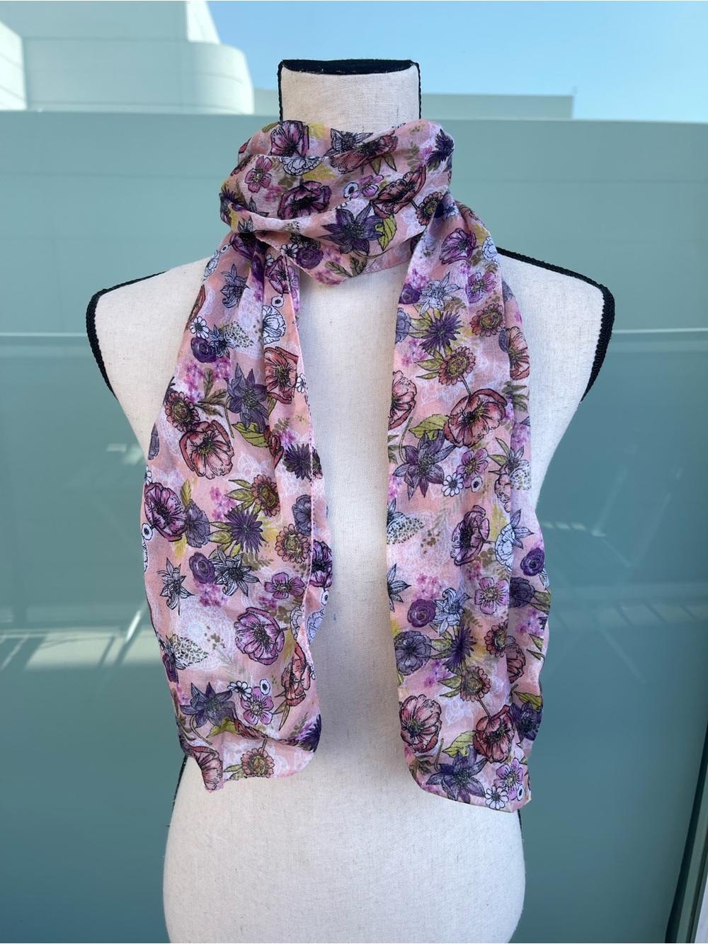 Pink Floral Long Skinny Scarf